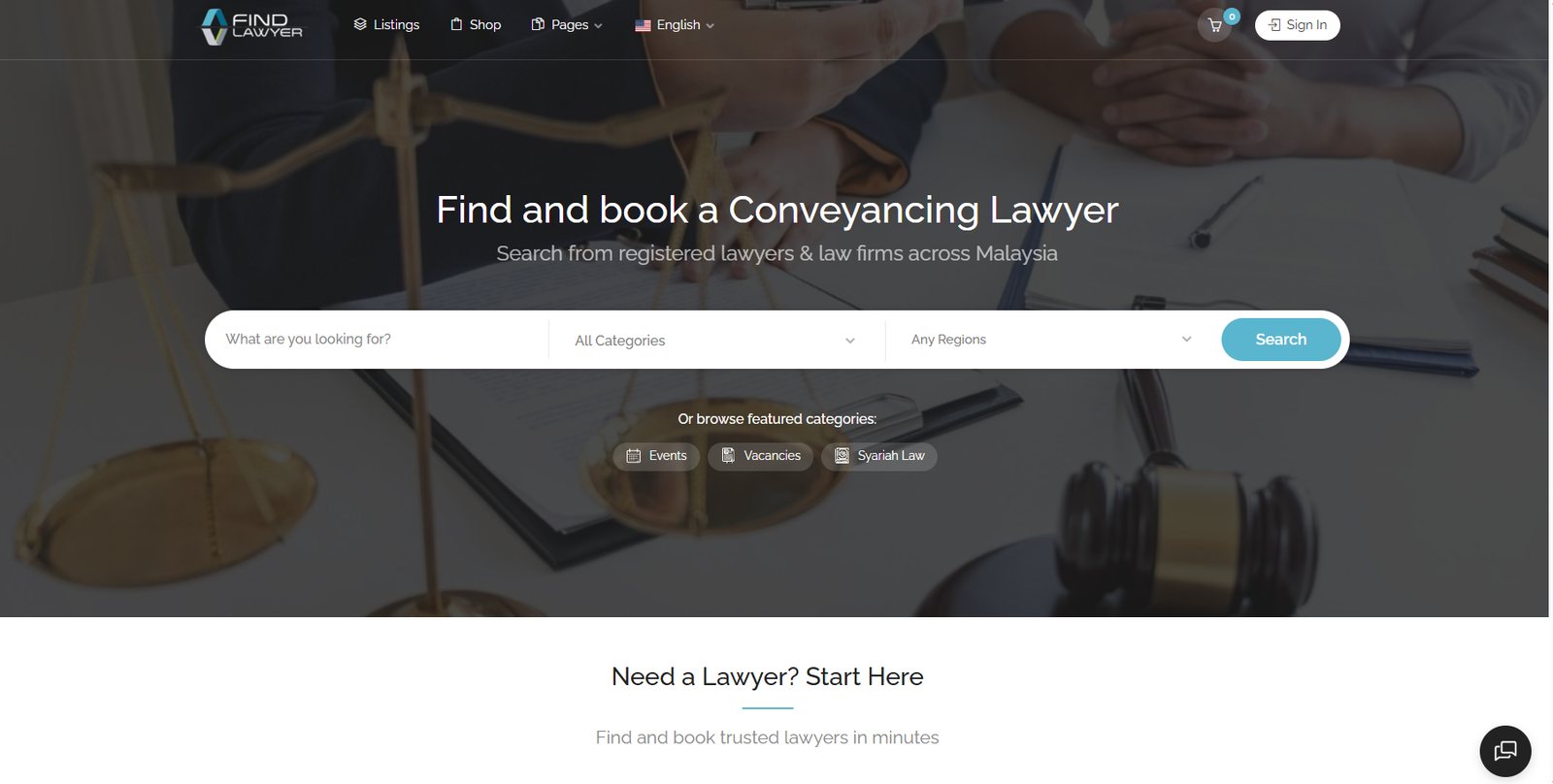 FindLawyer.my homepage with lawyer search by category and region